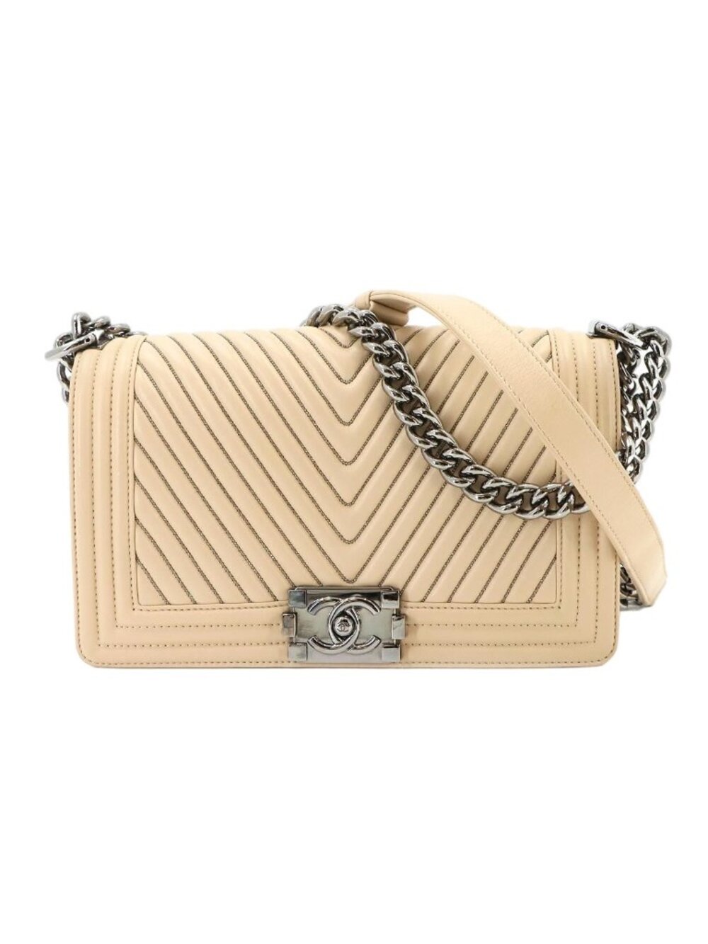 Chanel Boy Chain Shoulder Bag Leather Beige Silver
